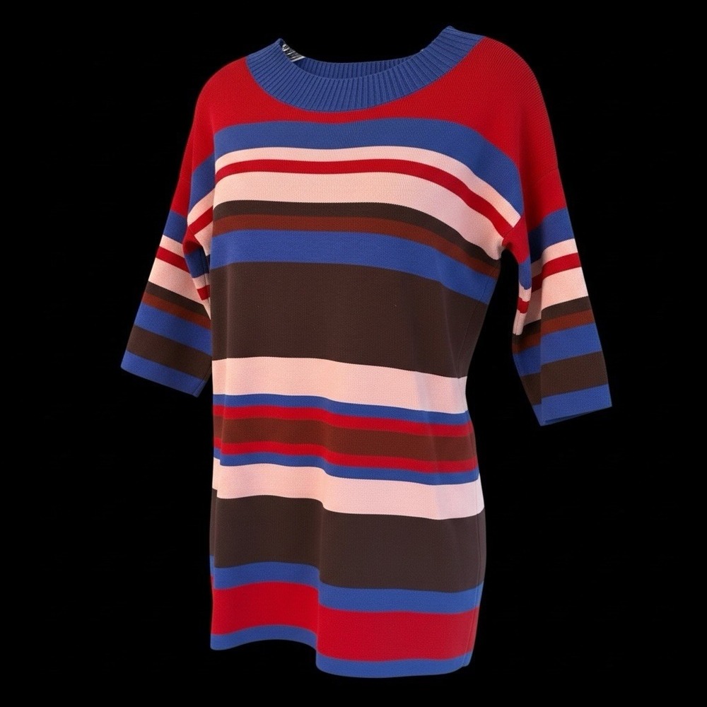 KnitBest Multicolor Striped Sweater Dress Women Medium Cotton Knit 3/4 Sleeve